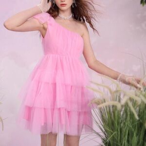 Pink One-Shoulder Tulle Dress